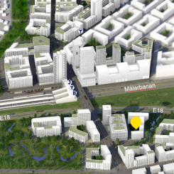 FFAB:s kvarter har ett tillgängligt läge vid E18 och den nya framväxande noden för kollektivtrafik. Närmast E18 planerar FFAB för kontor och mot parken och å-fåran blir det bostäder i form av bostadsrätter och ägarlägenheter. (Visionsbild: Järfälla kommun/AIX Arkitekter)
